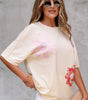 Apricot Flower Patched Exposed Stitching Trim Crew Neck Loose Tee Markonline