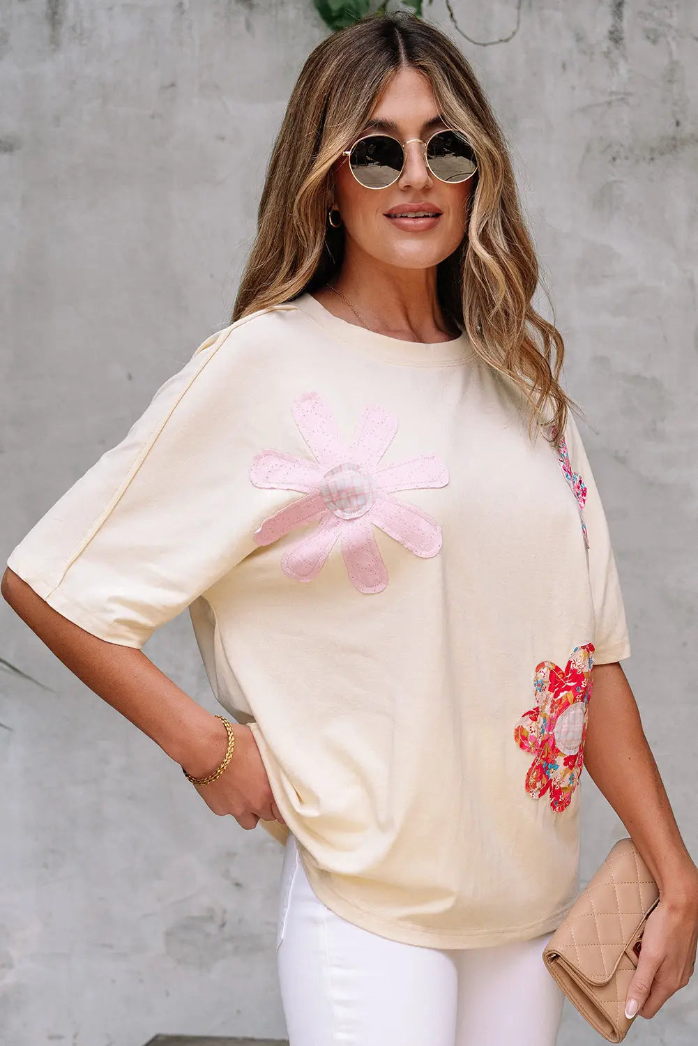 Apricot Flower Patched Exposed Stitching Trim Crew Neck Loose Tee Markonline