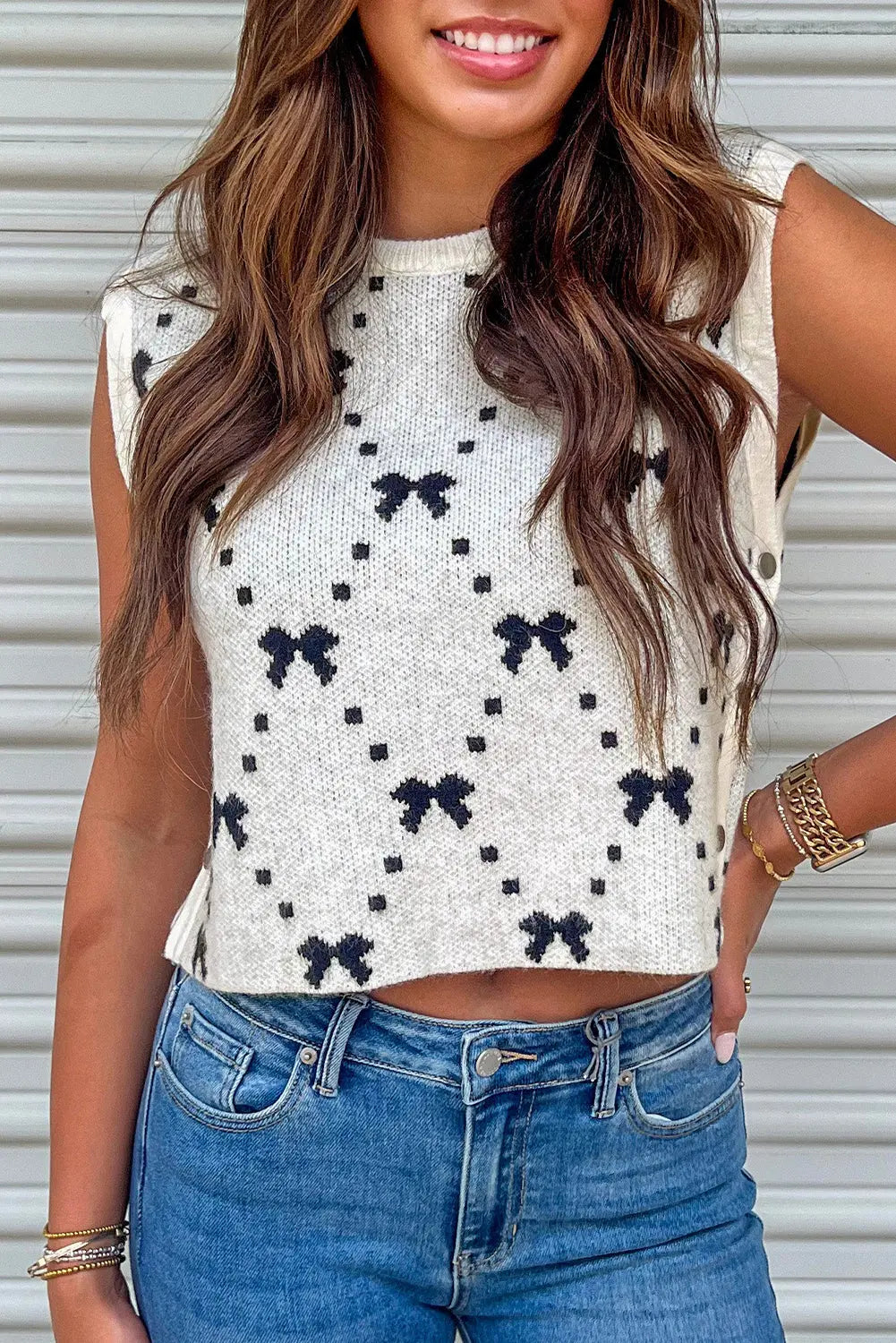 White Bow Pattern Buttoned Side Cropped Sweater Vest Dear-Lover Dropshipping