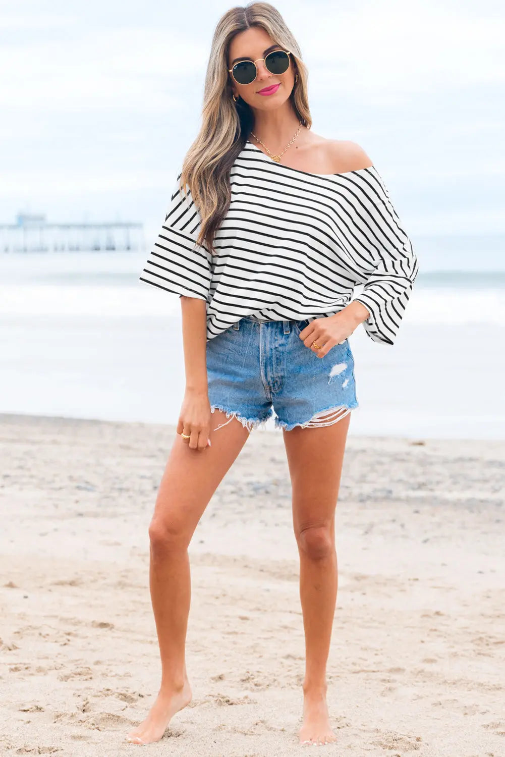 Black Stripe Half Sleeve Scoop Neck Loose Top Markonline