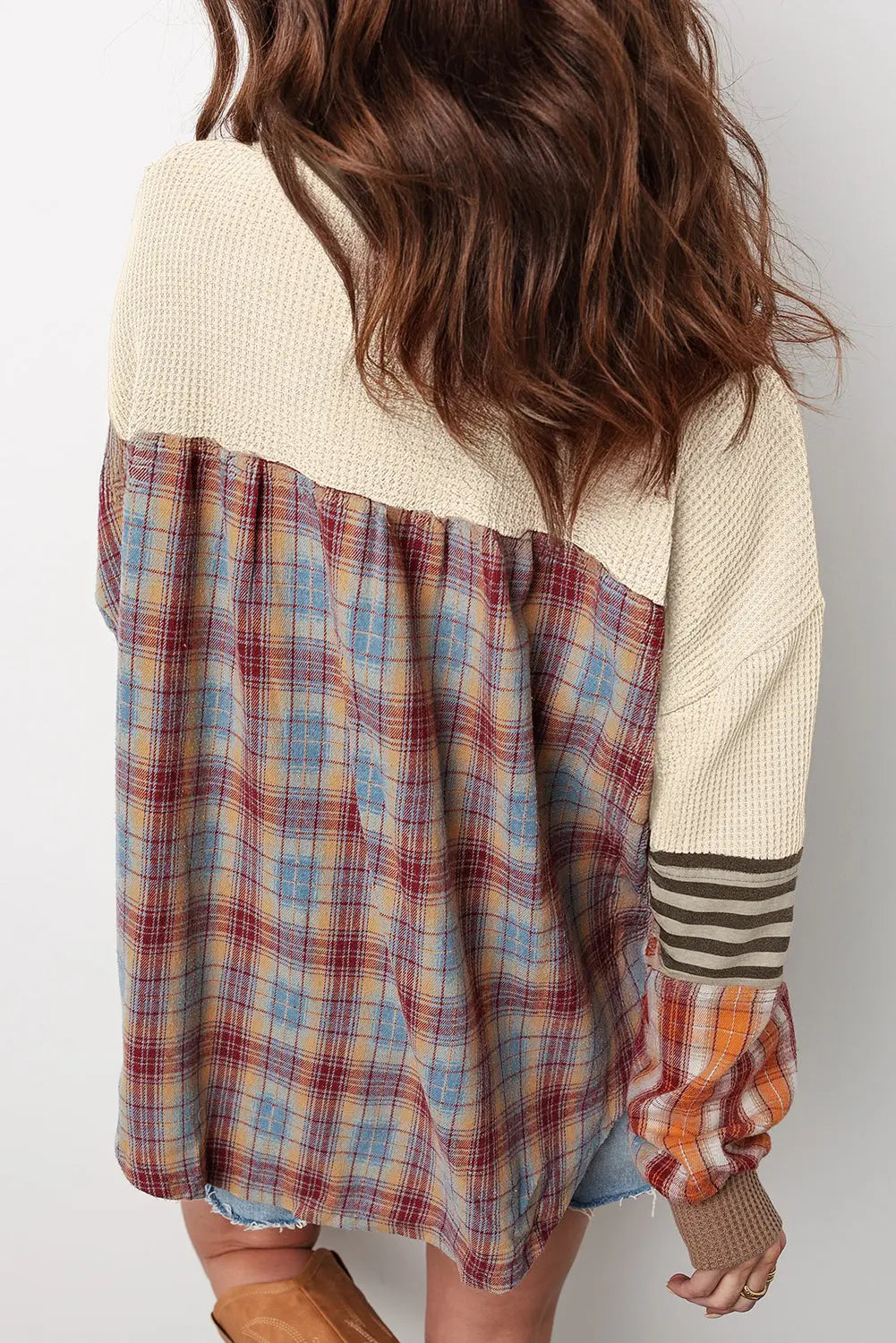 Beige Waffle Stripe Plaid Patchwork Henley Knit Top Markonline
