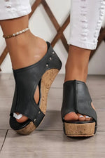 Black Hollow Out Studded PU Leather Wedge Slippers Markonline