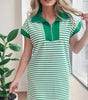 Green Stripe Quarter Zip Polo Collar T Shirt Dress with Pockets Markonline