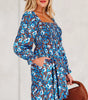 Blue Smocked Bodice High Waist Ruffled Sleeve Floral Dress Markonline