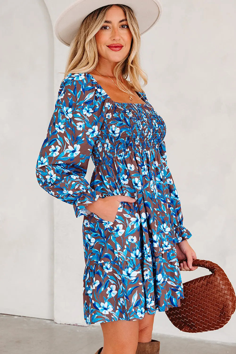 Blue Smocked Bodice High Waist Ruffled Sleeve Floral Dress Markonline