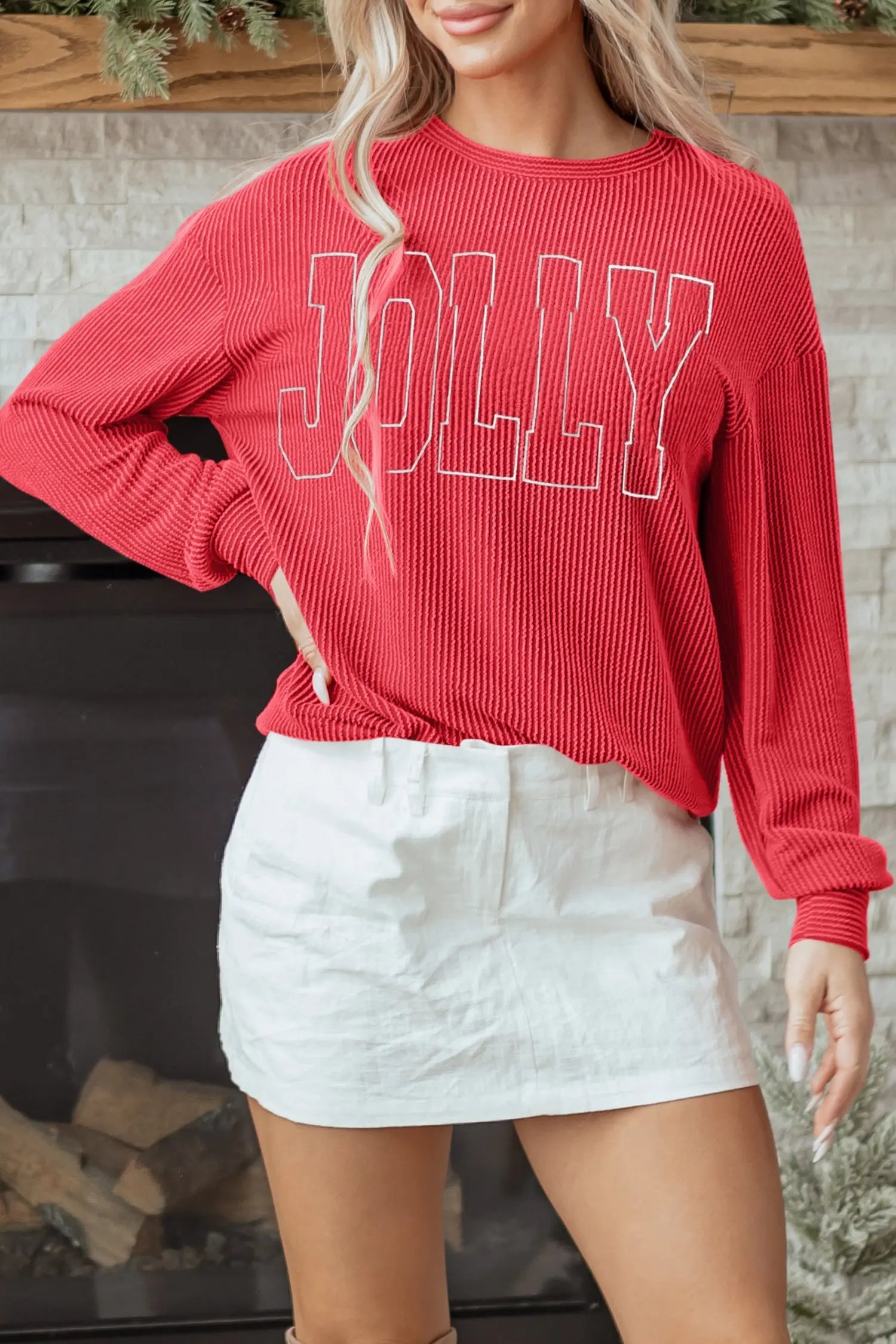 Racing Red Twisted Rib Outlined Merry Letter Graphic Loose Long Sleeve Top Dear-Lover Dropshipping