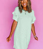 Green Stripe Ruffled Short Sleeve Crew Neck T Shirt Shift Mini Dress Markonline
