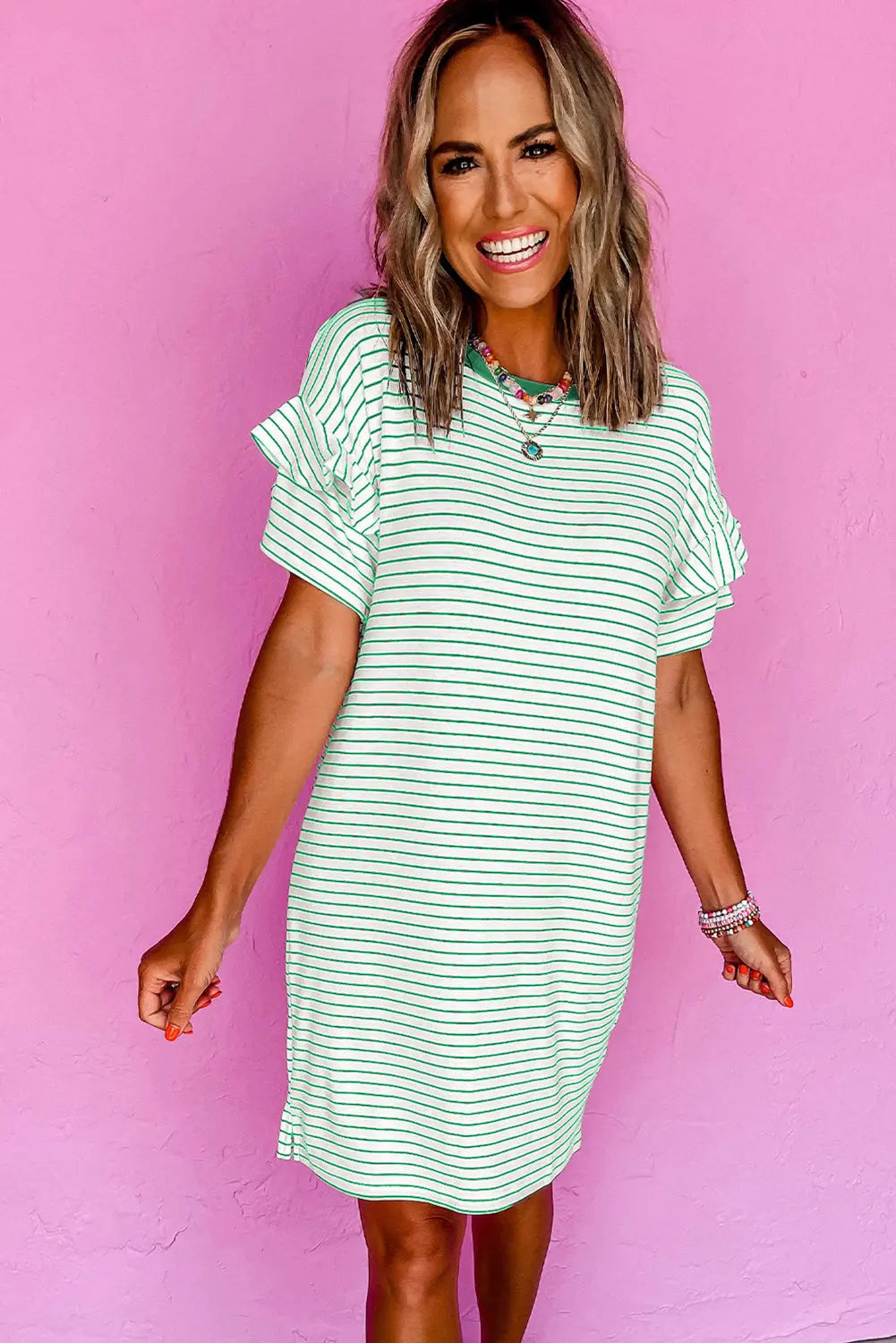 Green Stripe Ruffled Short Sleeve Crew Neck T Shirt Shift Mini Dress Markonline