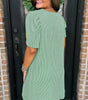 Mint Green Corded Knit Crew Neck Puff Sleeve Shift Mini Dress Markonline