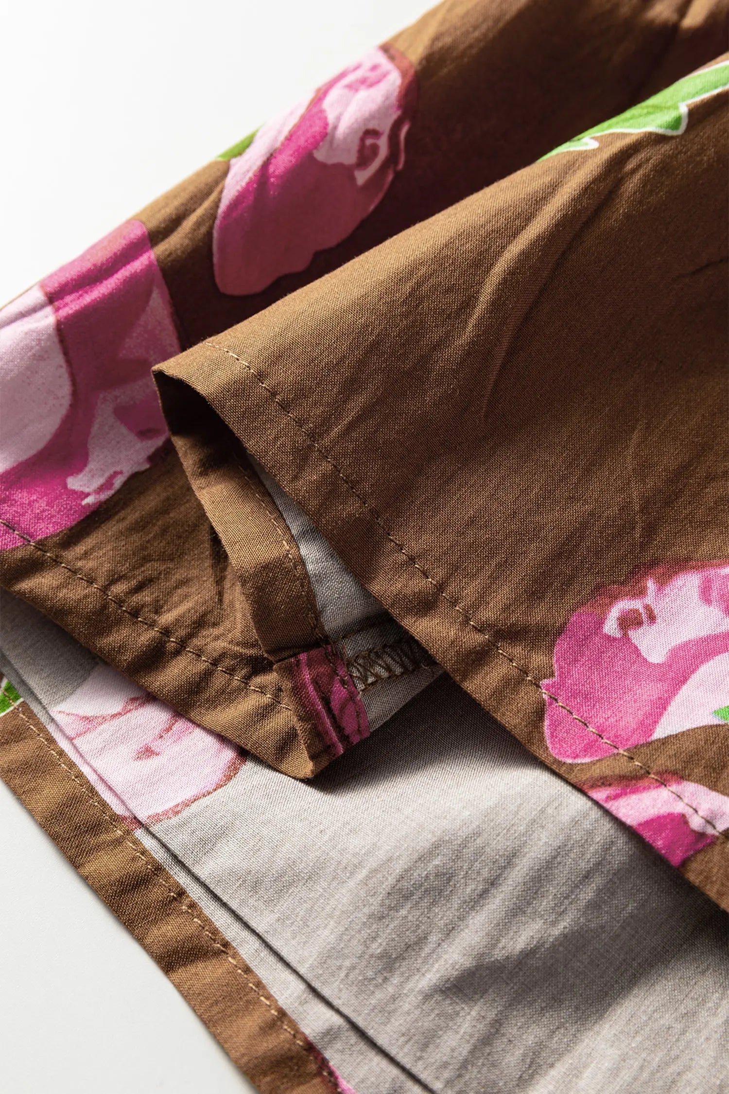 Brown Contrast Floral Print Babydoll Tunic Ruffled Hem Puff Sleeve Dress Markonline