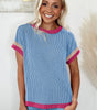 Sky Blue Textured Contrast Trim Round Neck T Shirt Markonline