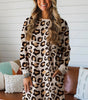 Khaki Leopard Long Sleeve Shift T Shirt Dress with Pockets Markonline