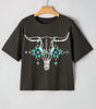 Carbon Grey Vintage Western Bull Head Skull Turquoise Aztec Graphic T Shirt Markonline