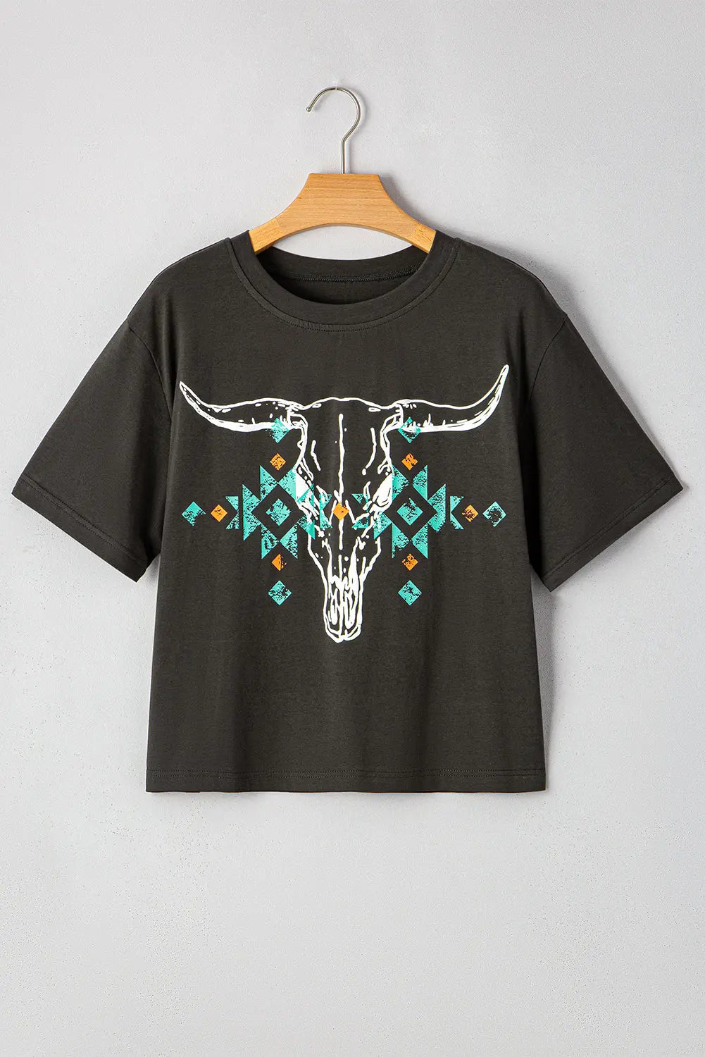 Carbon Grey Vintage Western Bull Head Skull Turquoise Aztec Graphic T Shirt Markonline
