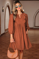 Cinnamon Bracelet Sleeve Split Neck Scallop Detail Pleated Corduroy Mini Dress Markonline