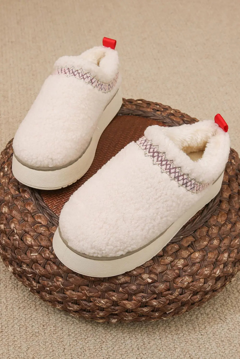 White Embroidered Sherpa Plush Thick Sole Winter Slippers Dear-Lover Dropshipping