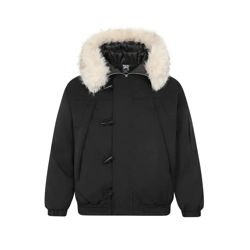 Vintage Large Fur Collar Horned Parka Cotton Coat for Men and Women, Winter Street Style Thick Warm Cotton Jacket Markonline