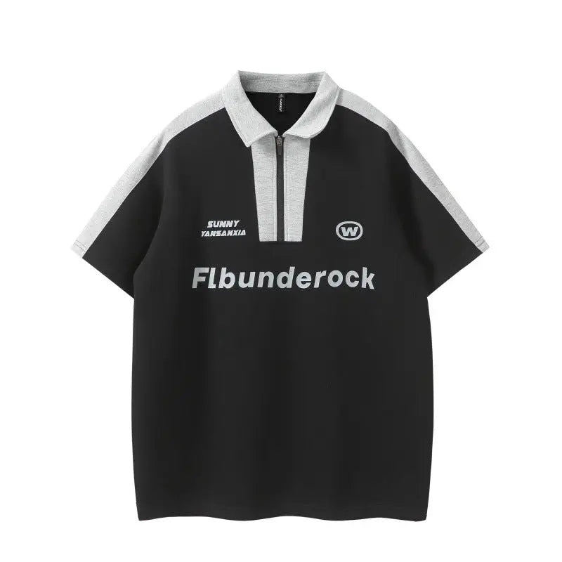 Letter printed half zip loose polo shirt short sleeved Markonline