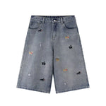 Cartoon Dog Embroidery Washed Five-Quarter Denim Shorts for Men and Women Markonline