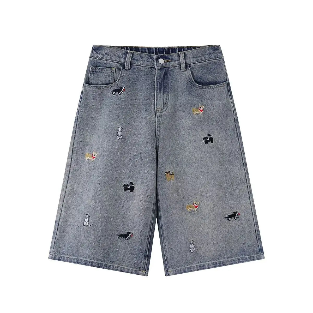 Cartoon Dog Embroidery Washed Five-Quarter Denim Shorts for Men and Women