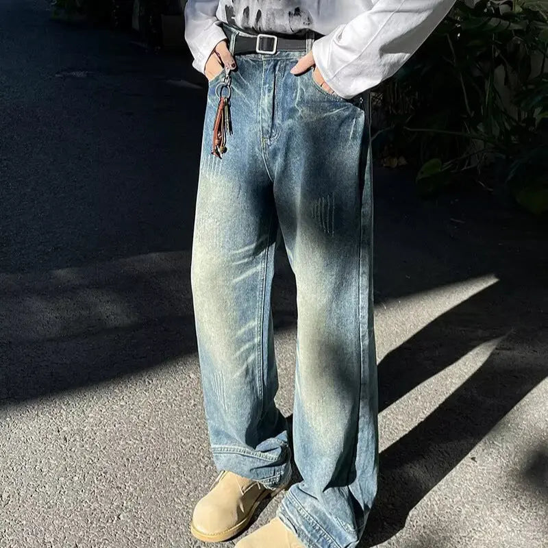 Vintage washed denim jeans for men in autumn
