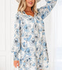 Sky Blue Floral Print Tie Neck Long Sleeve Flowy Mini Dress Markonline
