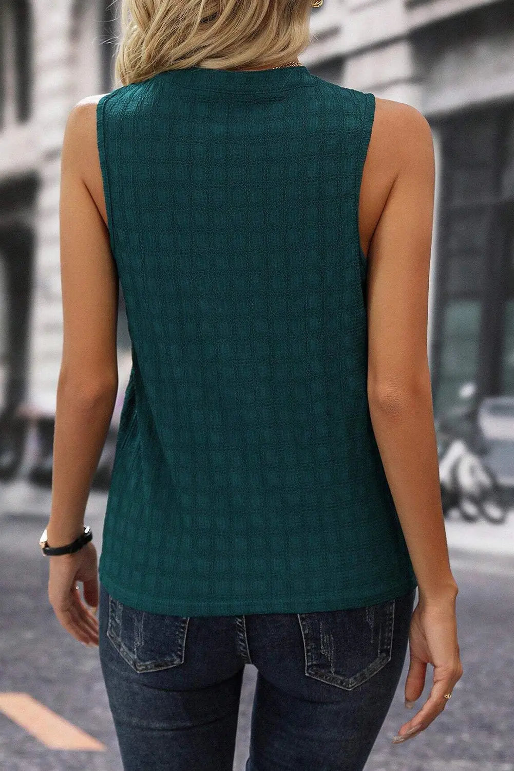 Sea Green Lattice Textured Split Neck Tank Top Markonline
