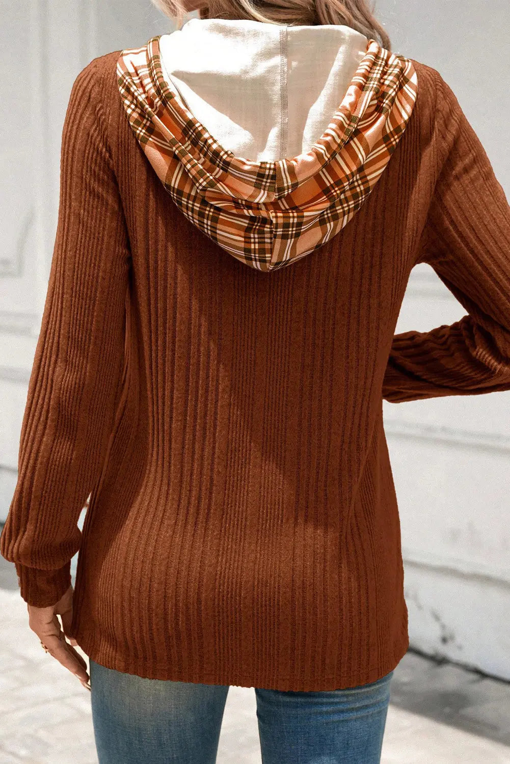 Chestnut Plaid Patchwork Ribbed Knit Drawstring Hooded Top Markonline
