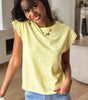Yellow Cream Lace Patchwork Cap Sleeve Round Neck T Shirt Markonline