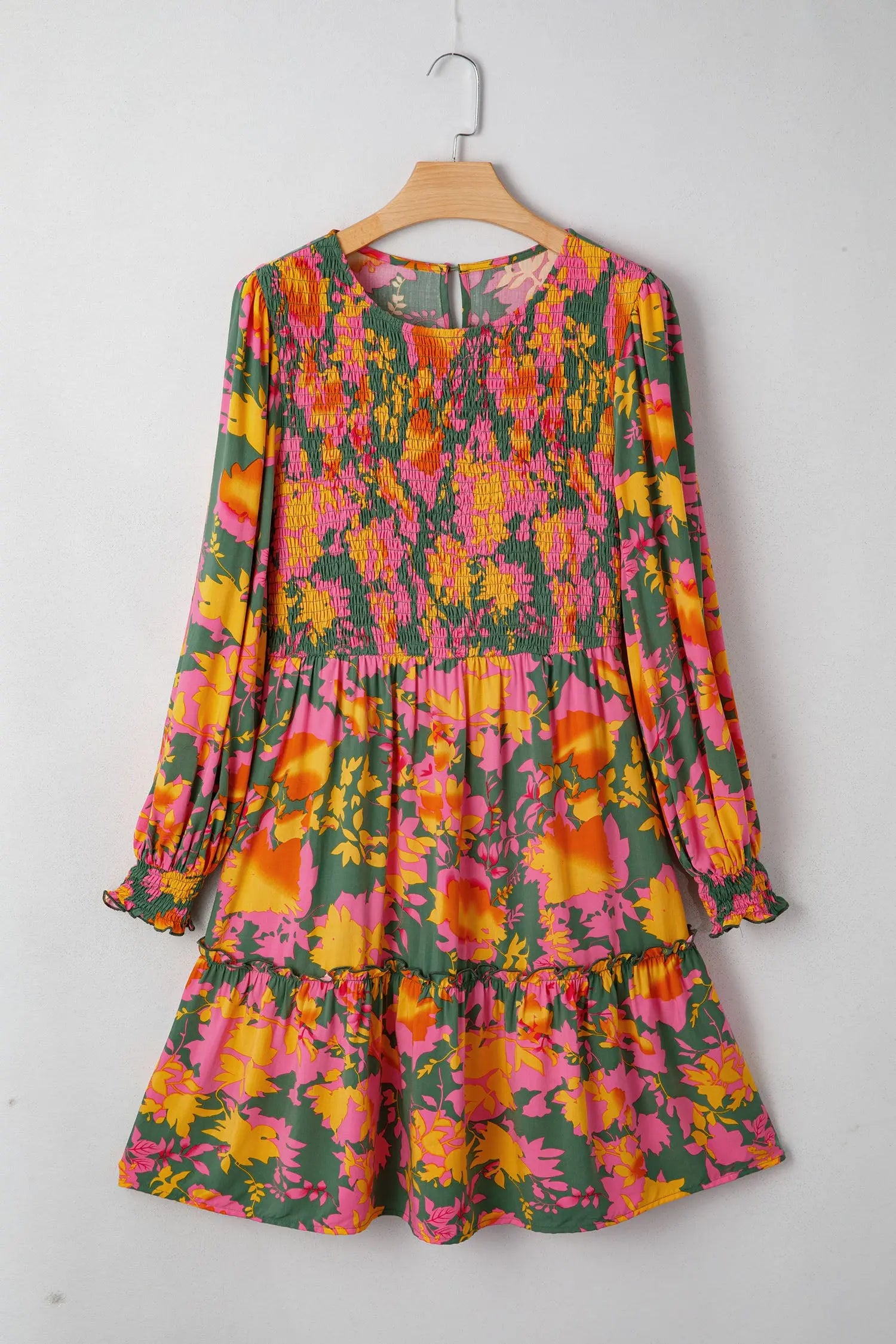 Multicolour Floral Print Long Sleeve Smocked Ruffled Mini Dress Markonline