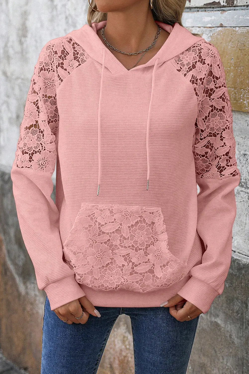 Gossamer Pink Lace Patchwork Raglan Sleeve Kangaroo Pocket Waffle Hoodie Dear-Lover Dropshipping