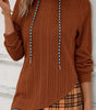 Chestnut Plaid Patchwork Ribbed Knit Drawstring Hooded Top Markonline