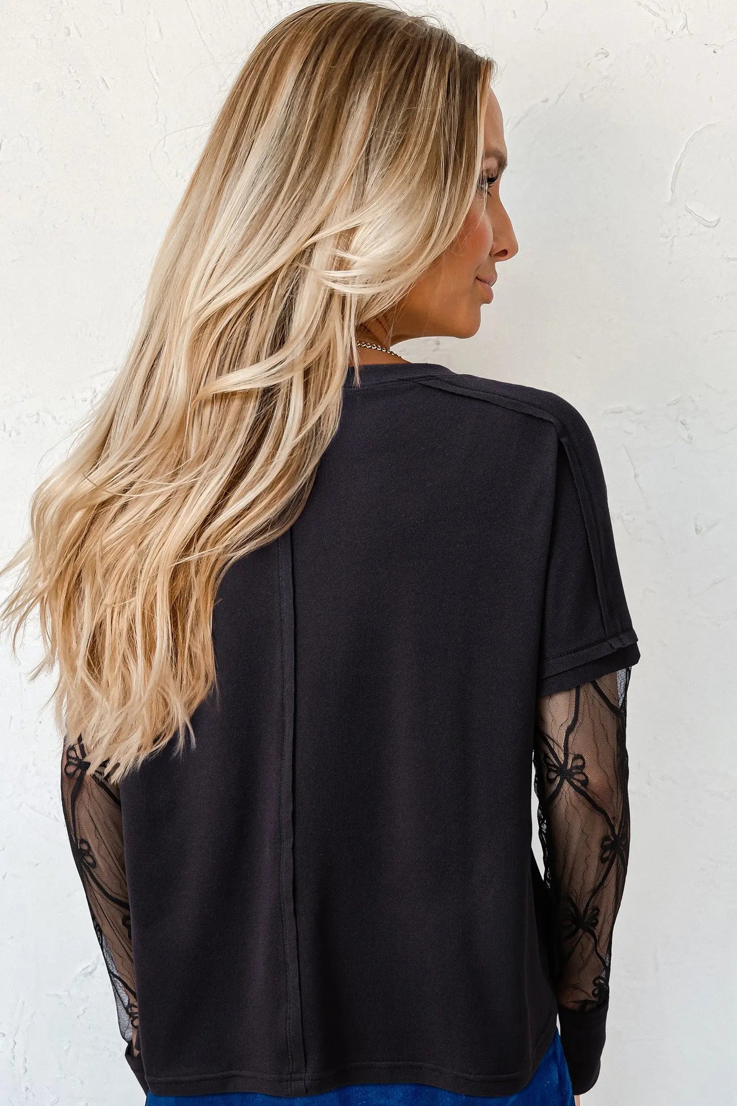 Black Solid Color Bow Textured Patchwork Long Sleeve Tee Dear-Lover Dropshipping