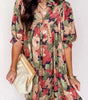 Green Floral Print Frilled Collar V Neck Half Sleeve Mini Dress Markonline