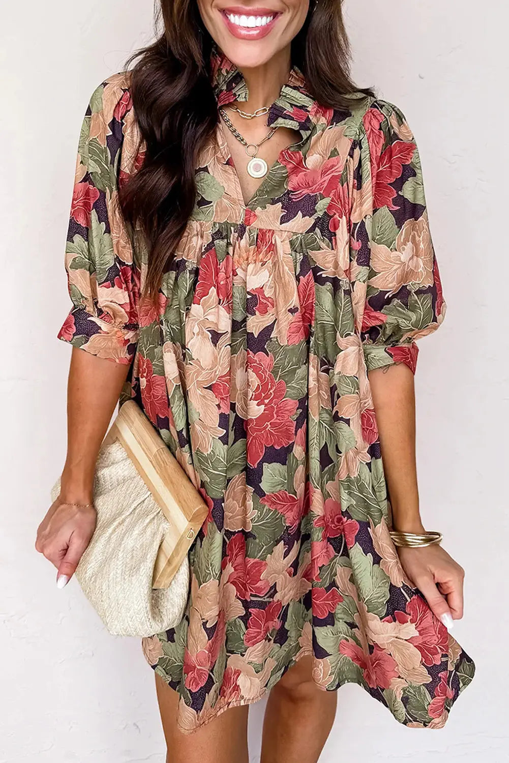 Green Floral Print Frilled Collar V Neck Half Sleeve Mini Dress