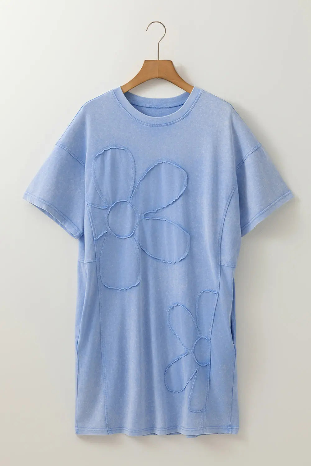 Sky Blue Mineral Wash Flower Patchwork Mini T Shirt Dress Markonline