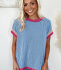 Sky Blue Textured Contrast Trim Round Neck T Shirt Markonline