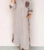 Brown Stripe Contrast Leopard Patchwork Long Shirt Dress with Slits Markonline