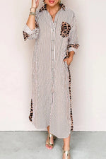 Brown Stripe Contrast Leopard Patchwork Long Shirt Dress with Slits Markonline