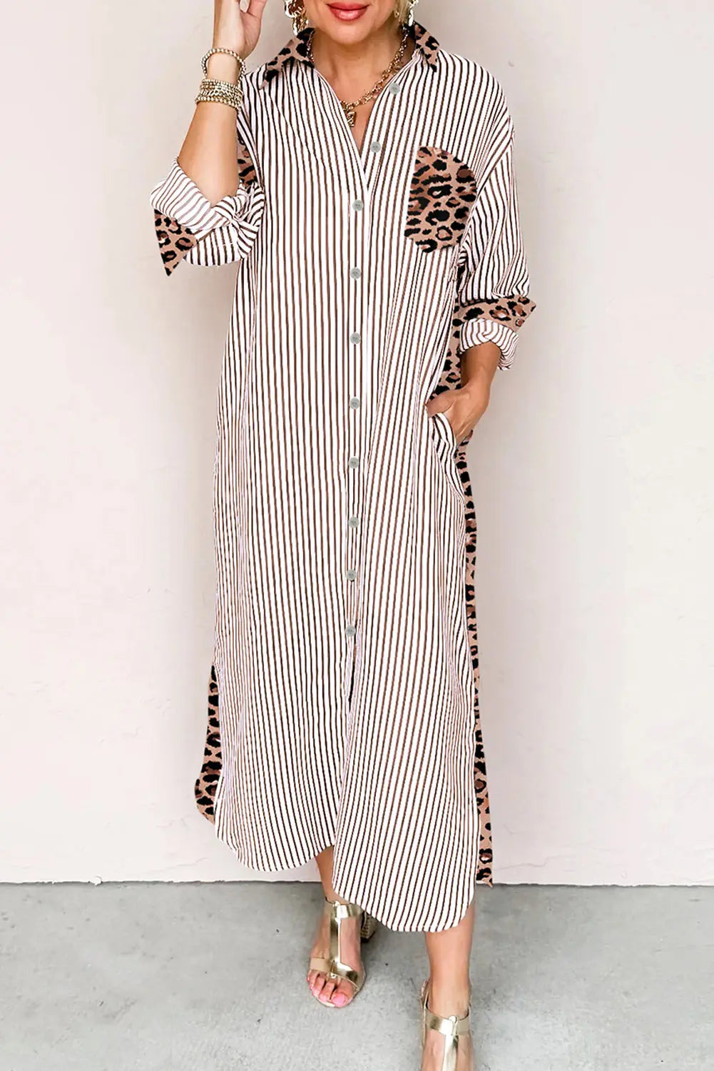 Brown Stripe Contrast Leopard Patchwork Long Shirt Dress with Slits Markonline