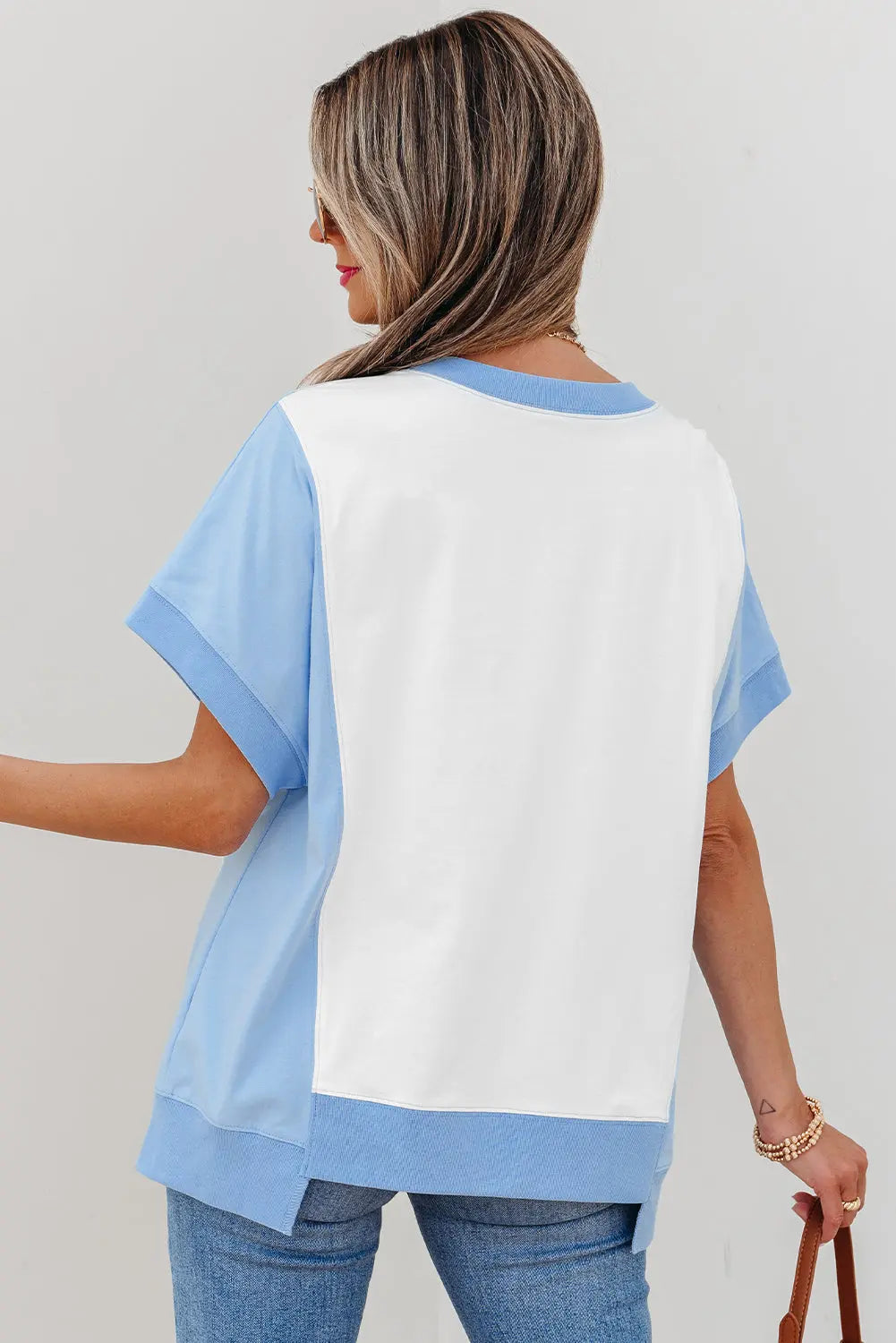Sky Blue Color Block Exposed Seam Crew Neck T Shirt Markonline