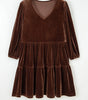 Chicory Coffee Solid Color Velvet V Neck Long Sleeve Tiered Mini Dress Dear-Lover Dropshipping