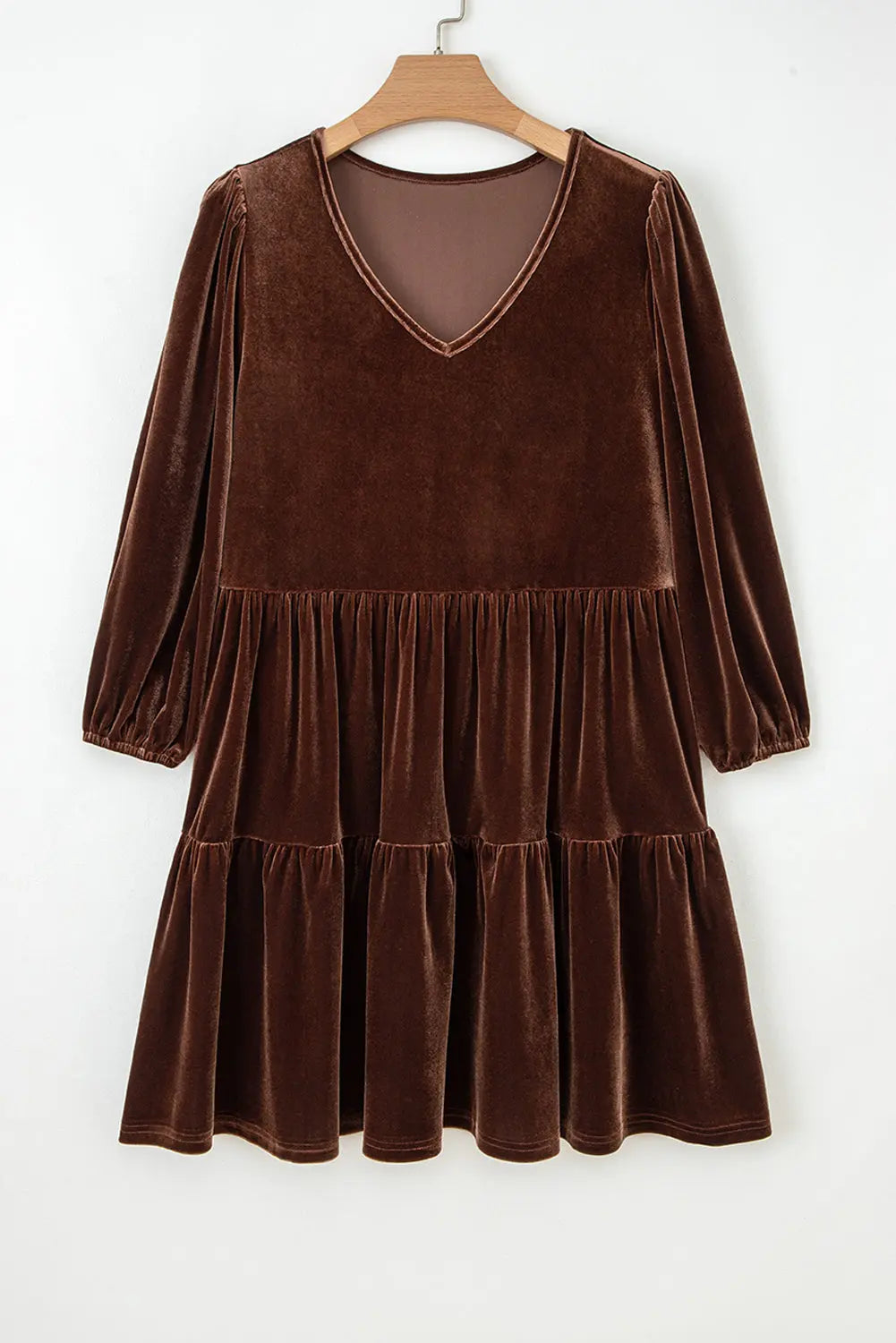 Chicory Coffee Solid Color Velvet V Neck Long Sleeve Tiered Mini Dress Dear-Lover Dropshipping