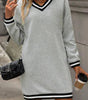 Light Grey Striped Trim V Neck Long Sleeve Preppy T Shirt Dress Markonline