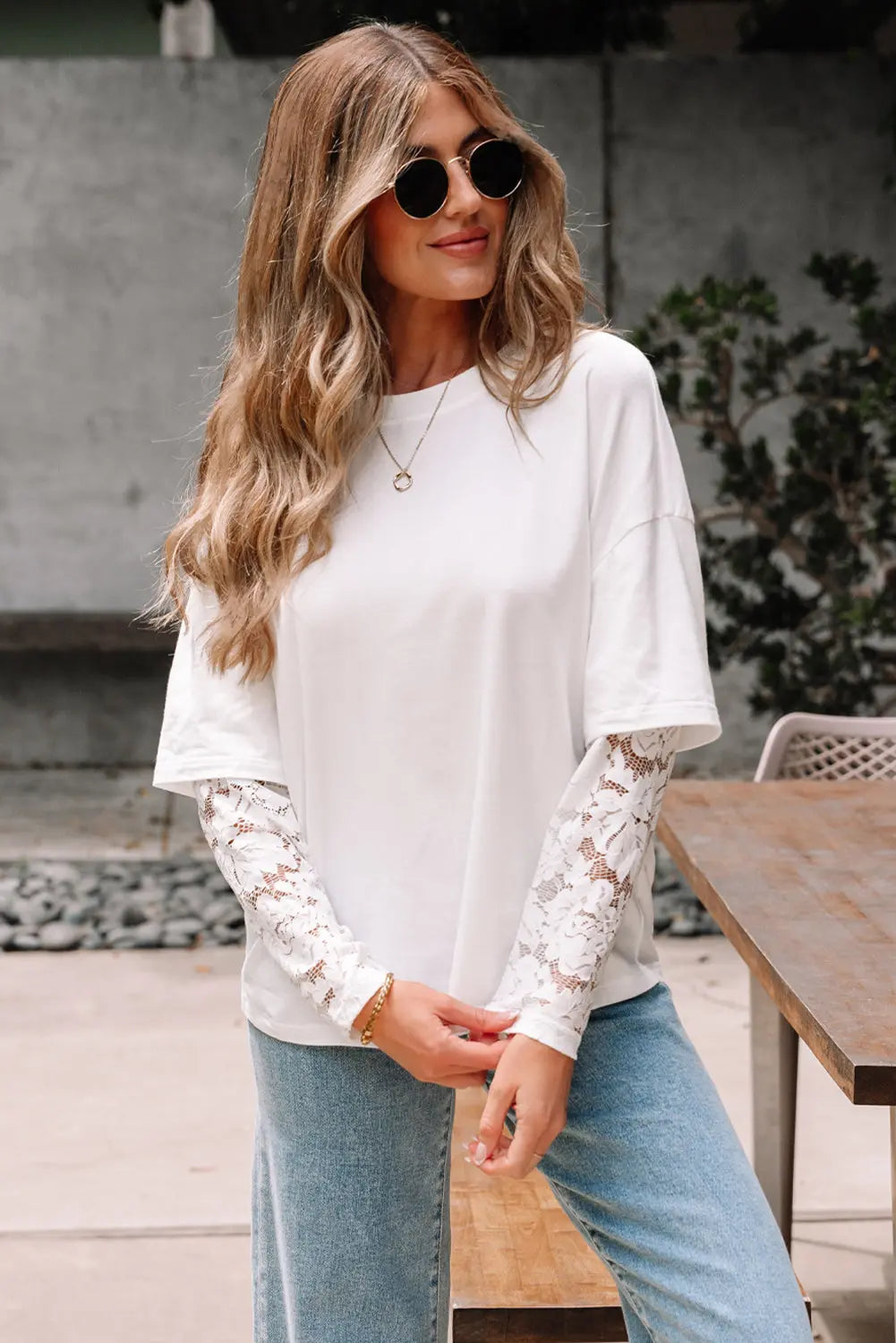 White Lace Long Sleeve Insert Drop Shoulder Tee Markonline