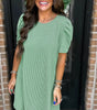 Mint Green Corded Knit Crew Neck Puff Sleeve Shift Mini Dress Markonline