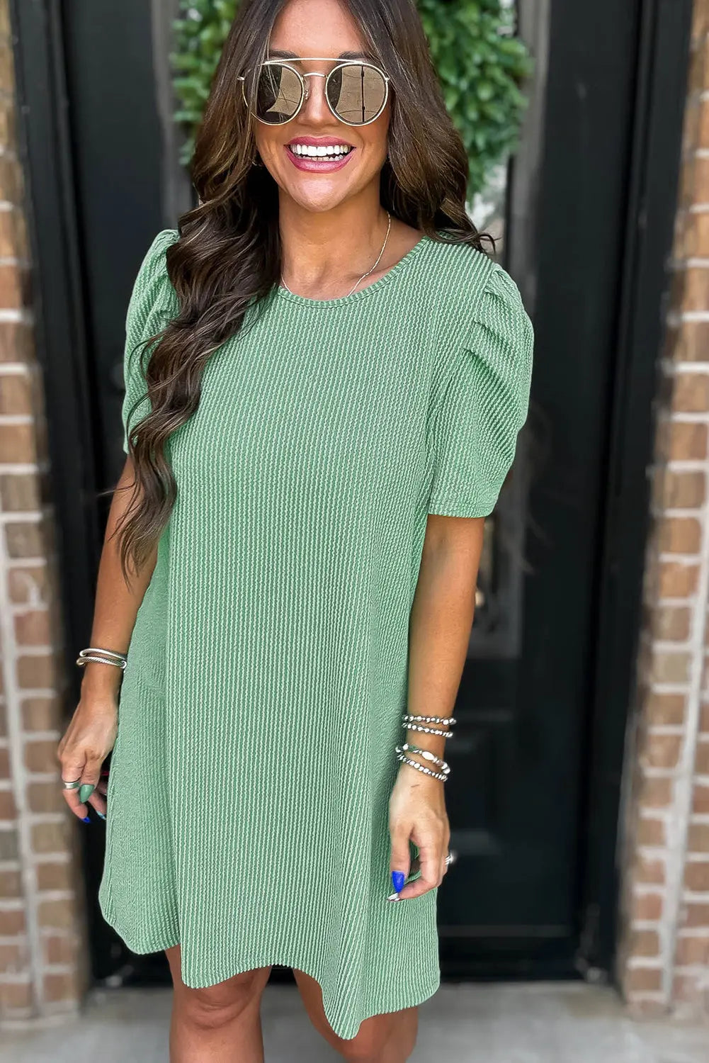 Mint Green Corded Knit Crew Neck Puff Sleeve Shift Mini Dress Markonline