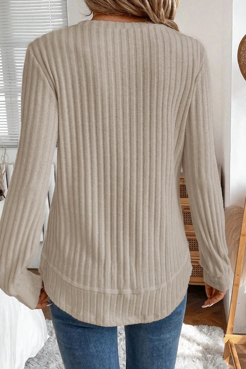 Jet Stream Ribbed Texture Round Neck Long Sleeve Rounded Hem Knit Top Markonline