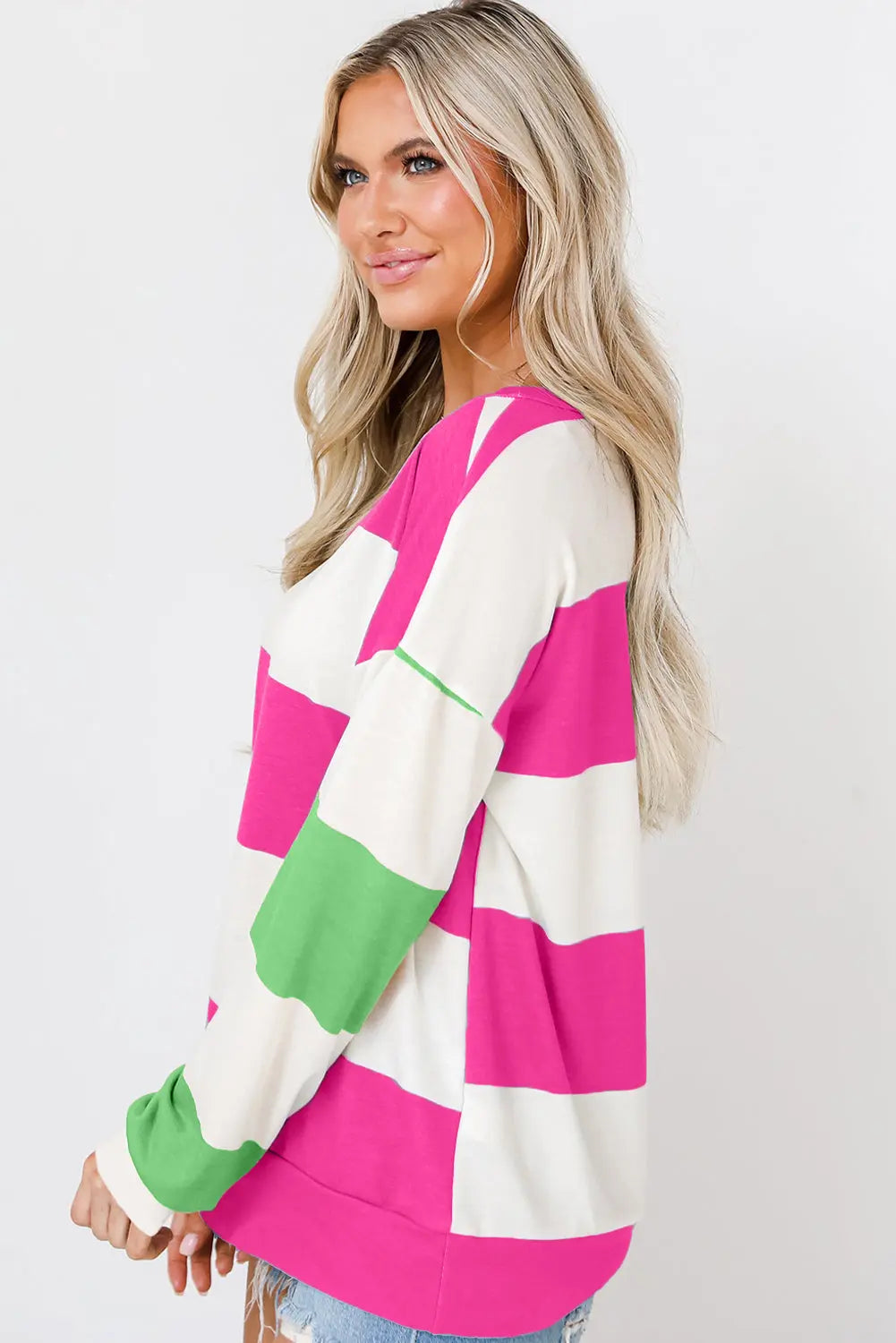 Rose Red Colorblock Striped Drop Shoulder Long Sleeve Top Dear-Lover Dropshipping