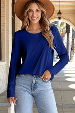 Navy Blue Asymmetric Seam Detail Solid Color Long Sleeve Top Dear-Lover Dropshipping